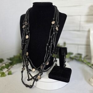 Vintage Black Wood and Seed Multi Strand Necklace and Earrings